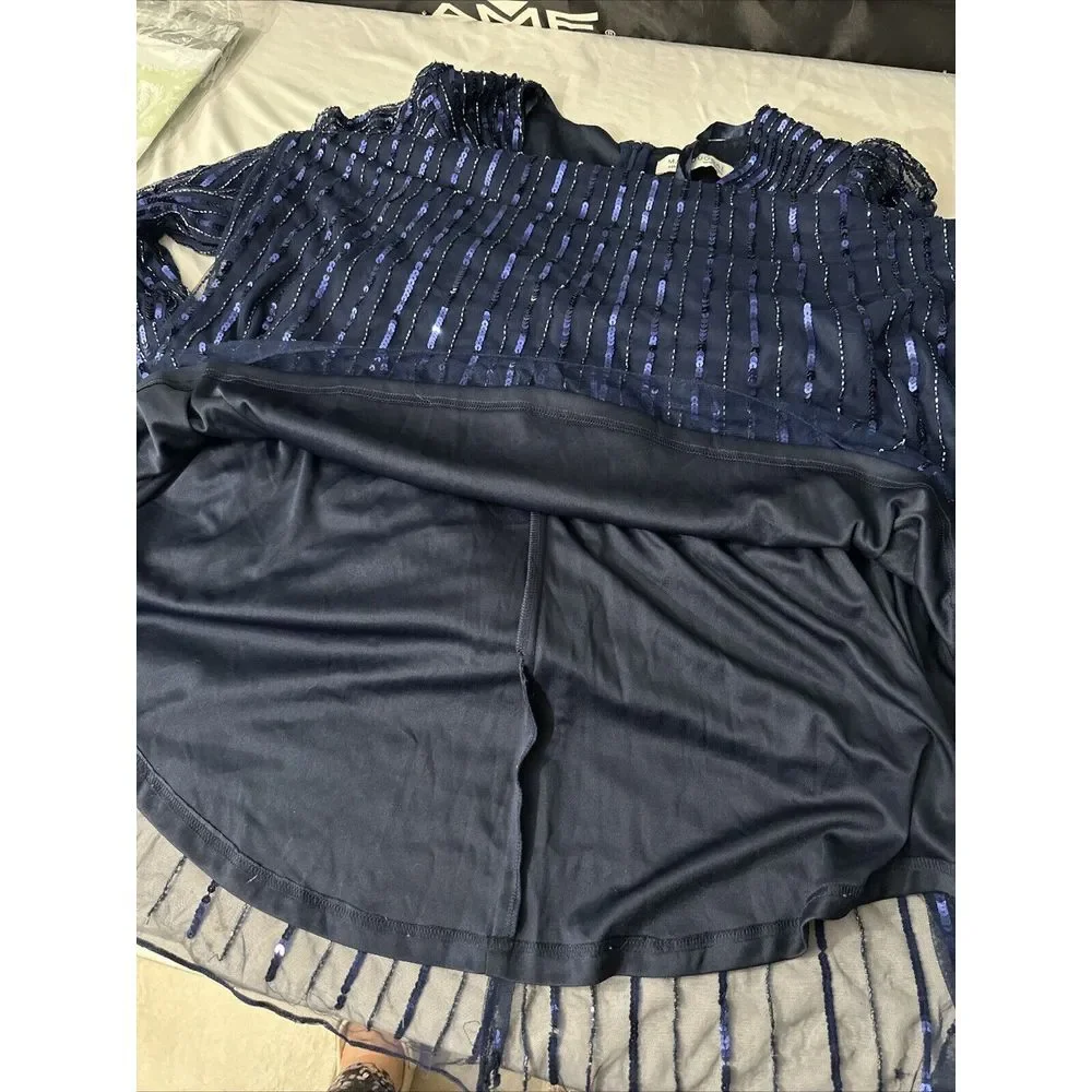 NWT $598 Mac Duggal [ 12 ]‎ 5501 Sequined Wrap Over Bishop Sleeve Gown Blue - Picture 7 of 16